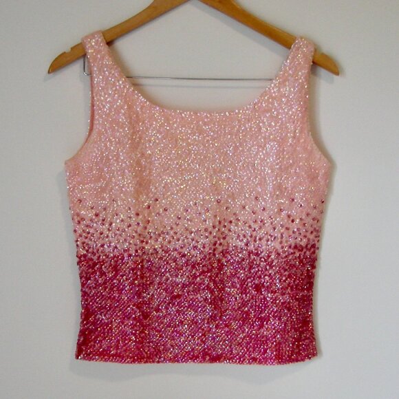 Heftco Tops - Vintage 1960s Pink Sequin Sleeveless Top Tank Sweater Knit Wool Heftco Hong Kong